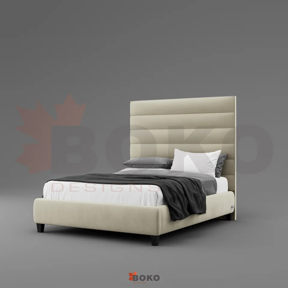 Upholstered bed showing its headboard, frame and platform
